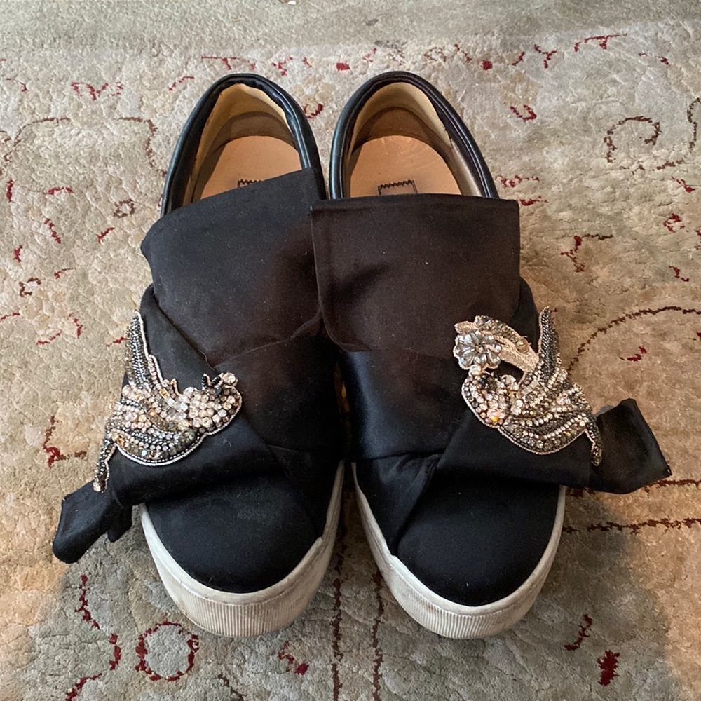 No. 21 slip-on platform satin sneakers with rhinestone embellishments.